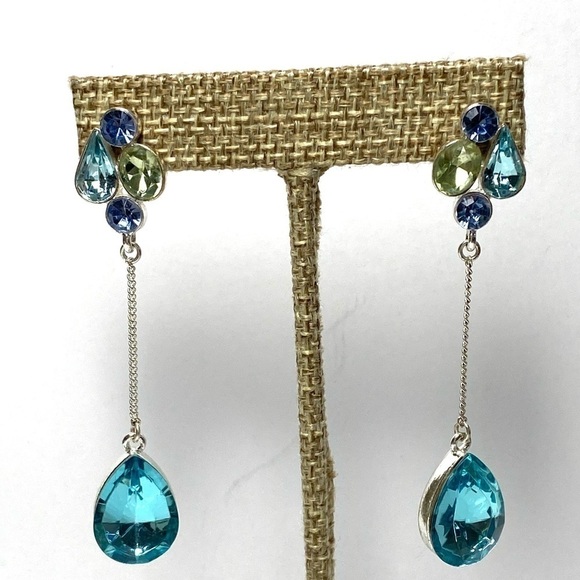 Earrings Dangles Drops Blue Rhinestones Silver Tone Long - Picture 6 of 11